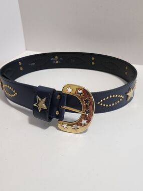 Unbranded Y2k Vintage Gold Star Accent Navy Belt Made In USA Size Small